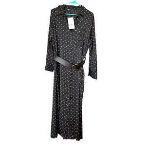 Zara Black Polka Dot Belted Maxi Shirt Dress Long Sleeve NWT Size Large
